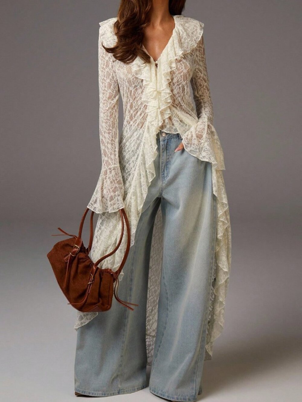 White Women's Elegant Lace Ruffle Flare Sleeve Dress